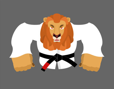 Leo in judo kimono. Karate Lion mascot. Angry sport animalのイラスト素材