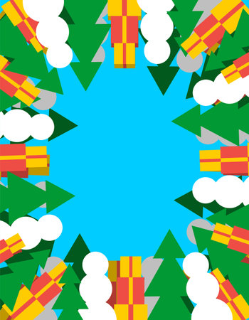Christmas Frame background. Christmas tree and snow and gifts Frame for new year. Backdrop for wrapping paper for holidayのイラスト素材