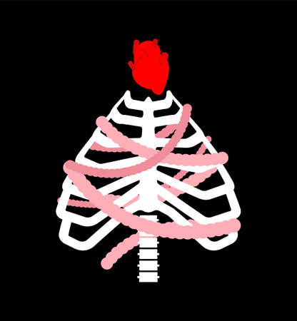 Christmas tree skeleton ribcage. Anatomical new year: bones and skull. Ribs and spine. Conceptual holiday poster for doctors and radiologist. X-ray of Spruceのイラスト素材