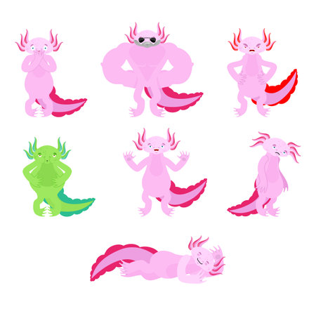 Salamander set poses and motion. Axolotl happy and yoga. animal sleeping and angry. guilty and sadのイラスト素材