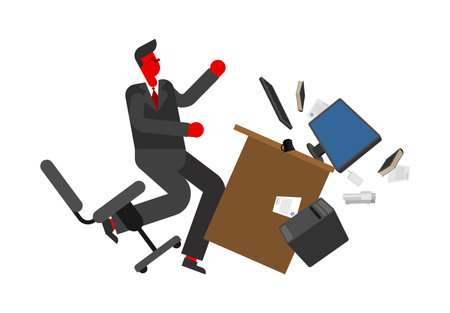 Angry manager throws table. Angry director flips desk. Concept burnout at workのイラスト素材