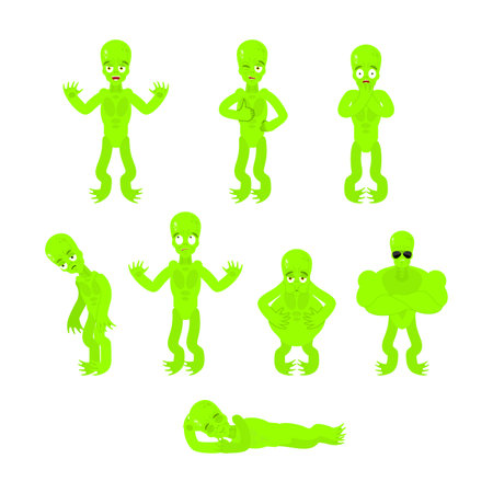 Alien movements set. UFO Sleeping and angry. Space invader green Surprised and sadのイラスト素材