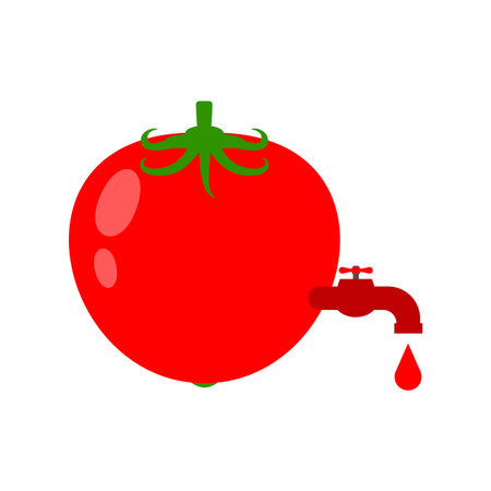Red tomato with a faucet tap dripping juice, creative concept of fresh vegetable extract.のイラスト素材
