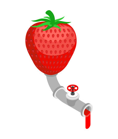 Strawberry connected to an industrial pipe dripping red juice, surreal flat design illustration.のイラスト素材