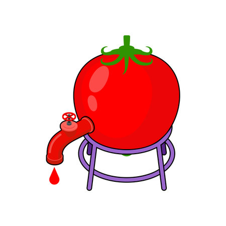 tomato with a faucet pouring juice. Conceptual food illustration combining freshness, creativity, and eco awareness. Ideal for topics on healthy nutrition and food innovation.のイラスト素材