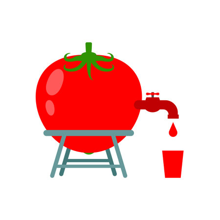 tomato with a tap, pouring juice into a jug. Symbolizes freshness, creativity in food design, and organic or vegan lifestyle.のイラスト素材