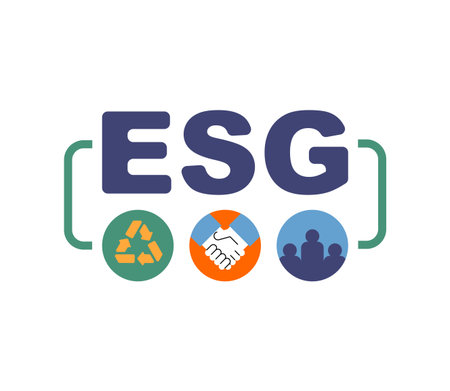 ESG abbreviation represents Environmental, Social, and Governance principles in modern business. Clean minimal style reflects corporate responsibility, sustainability, and ethical strategy.のイラスト素材