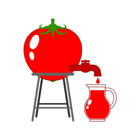 tomato with a faucet pouring juice. Conceptual food illustration combining freshness, creativity, and eco awareness. Ideal for topics on healthy nutrition and food innovation.のイラスト素材