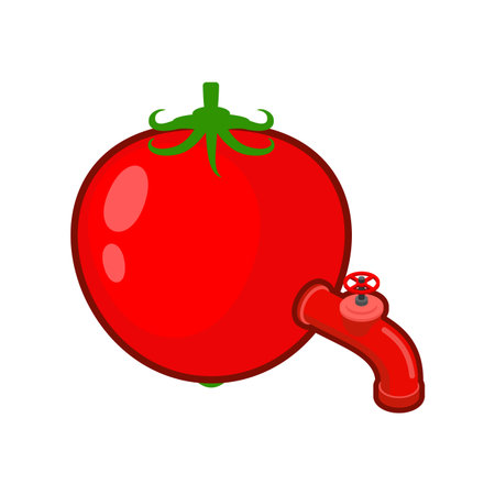 tomato with a faucet pouring juice. Conceptual food illustration combining freshness, creativity, and eco awareness. Ideal for topics on healthy nutrition and food innovation.のイラスト素材