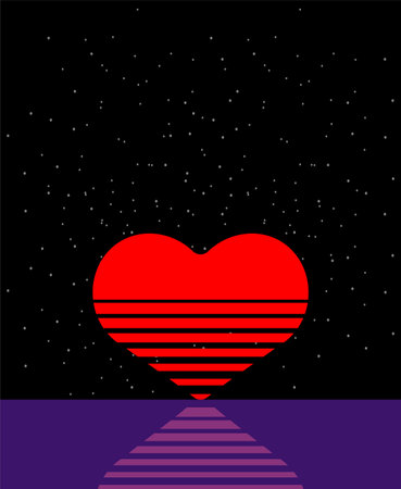 Red heart setting over water with striped horizon, symbolizing romance, love endings, or peaceful emotional closure.のイラスト素材