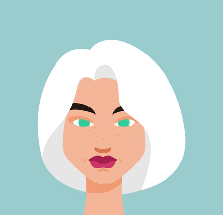 Portrait of a confident, stylish young woman with striking gray hair and bright eyebrows. Minimalistic flat vector illustration on a light background.のイラスト素材