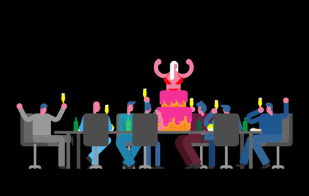 office party with a dancer jumping out of a big cake. Celebration, surprise, and corporate humor concept.のイラスト素材