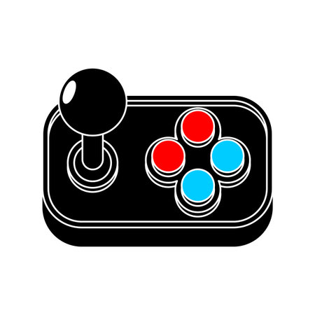 Retro gaming joystick controller with multiple colored buttons and a stick. Concept of vintage video games, console, and electronic entertainmentのイラスト素材