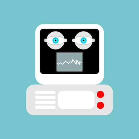 vintage computer with a screen displaying a stylized face or robot head. Concept of Artificial Intelligence (AI), retro computing, or technology interfaceのイラスト素材