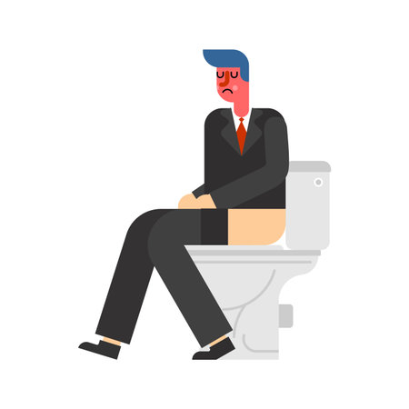 man in a business suit sitting on a toilet. Concept of stress, work-life balance issues, or finding privacy even in busy corporate lifeのイラスト素材
