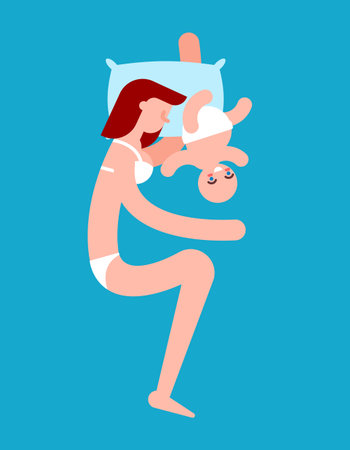 Mother sleeping and holding baby in bed. Genderness, motherhood and family love concept.のイラスト素材