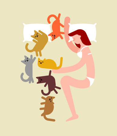 single woman sleeping with multiple cats in her bed. Represents a "cat lady" lifestyle, solitude, and finding comfort or emotional support in animal companionshipのイラスト素材