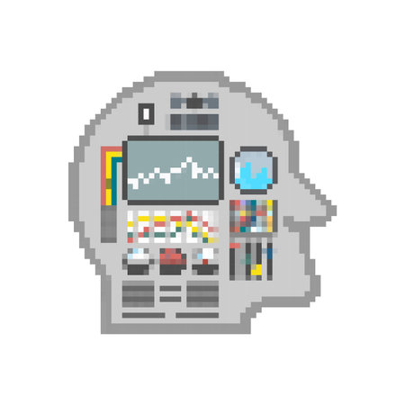 Pixel art of a human head in profile, containing complex machinery and monitors. Concept of Artificial Intelligence (AI), mind control, mental health, or cognitive processing in a retro pixel styleのイラスト素材