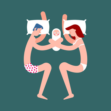 Two parents (a couple) and a baby sleeping in one bed. Represents co-sleeping, family sleep, parental love, and shared restのイラスト素材
