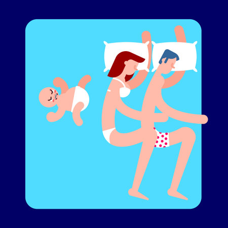 Two parents (a couple) and a baby sleeping in one bed, where the infant occupies a disproportionately large space. Represents co-sleeping challenges, family life, and minimal rest for parentsのイラスト素材