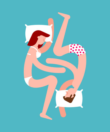 Couple's sleeping position: the 'Lover's Knot' where two people are tightly intertwined. Symbolizes deep intimacy, connection, and a passionate relationshipのイラスト素材