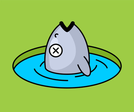 Dead fish floating in a frozen ice hole. Concept of environmental pollution, ecological disaster, or unsuccessful winter fishing. Vector pixel art style illustration.のイラスト素材