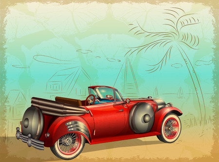 Retro car on summer background with palm trees and seascapeのイラスト素材