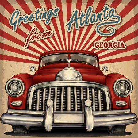 Vintage touristic greeting card with retro car.Atlanta.のイラスト素材