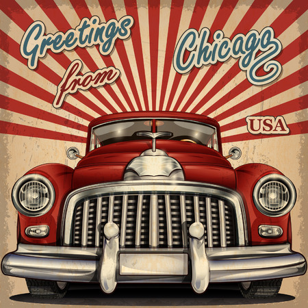 Vintage touristic greeting card with retro car.Chicago.のイラスト素材