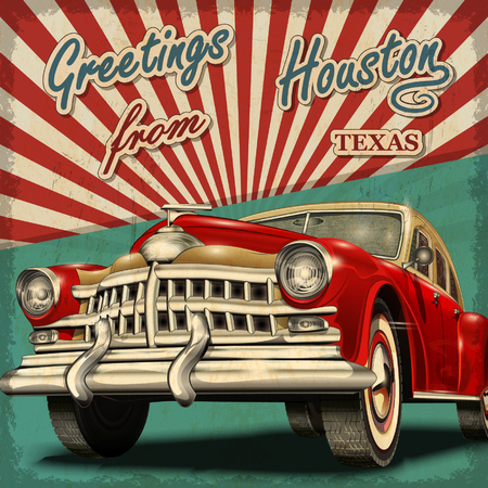 Vintage touristic greeting card with retro car.Houston.Texas.のイラスト素材
