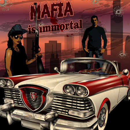 Mobster couple with retro car on night city background.のイラスト素材