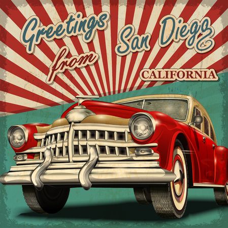 Vintage touristic greeting card with retro car. San Diego. California.のイラスト素材