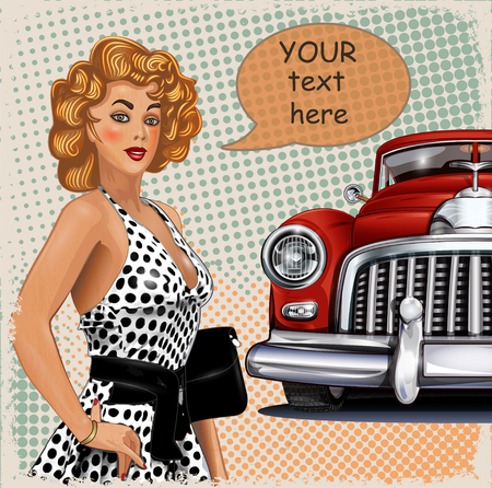 Vintage background with pin-up girl and retro carのイラスト素材
