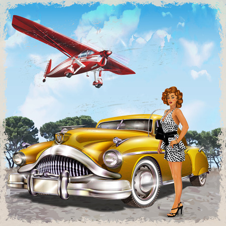 Vintage background with biplane, pin-up girl and retro car.のイラスト素材
