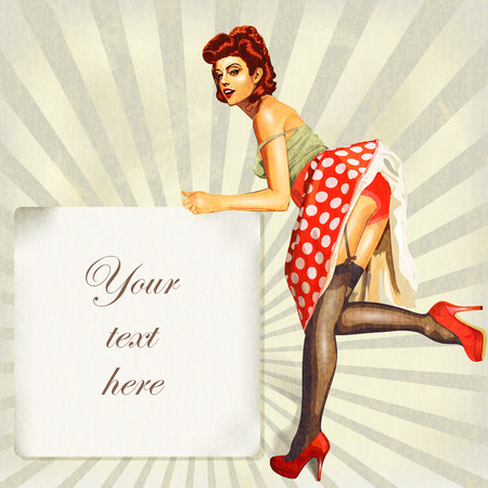 Sexy pin-up girl with vintage frame and place for textのイラスト素材