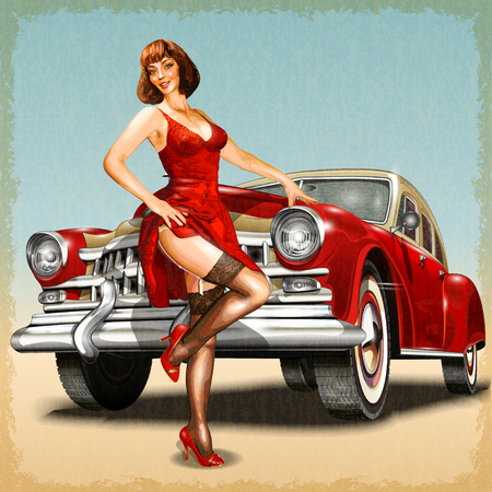 Illustrazione per Vintage background with pin-up girl and retro car. - Immagini Royalty Free