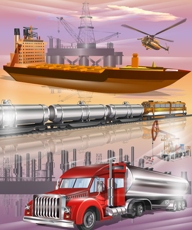 Oil tanker, tanks with oil and fuel transport by rail, fuel tanker truck, oil transport logistics.のイラスト素材
