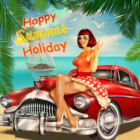 Vintage summer holidays background with pin-up girl and retro car.のイラスト素材