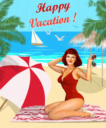 Vintage vacation background with pin-up girl on the beach.のイラスト素材