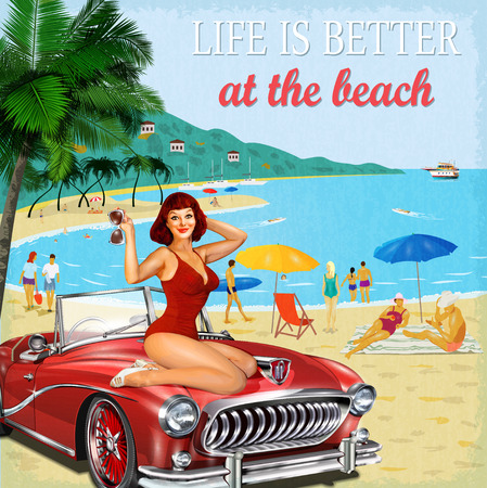 Vintage vacation background with pin-up girl, retro car and people on the beach