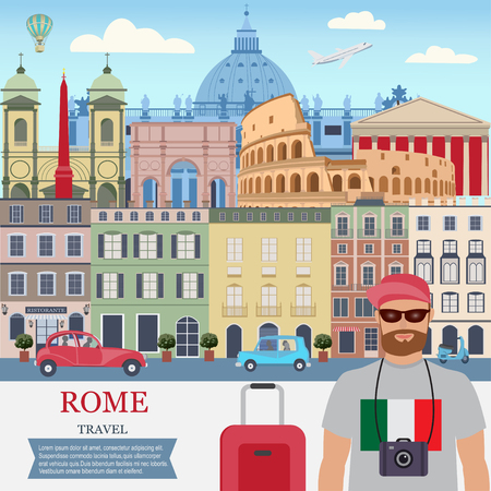 Vector city background.Rome Travel. A man travels in Rome.Flat design.