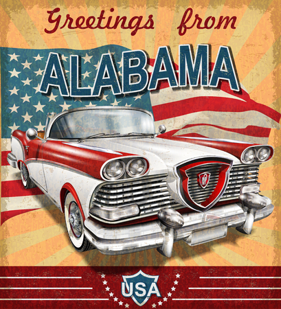 Vintage touristic greeting card with retro car.Alabama.のイラスト素材