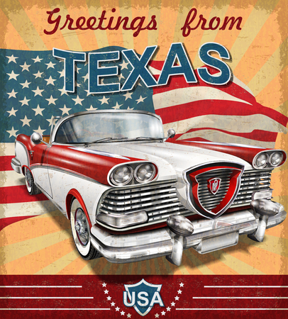 Vintage touristic greeting card with retro car.Texasのイラスト素材