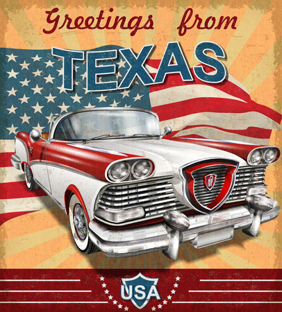 Vintage touristic greeting card with retro car.Texas