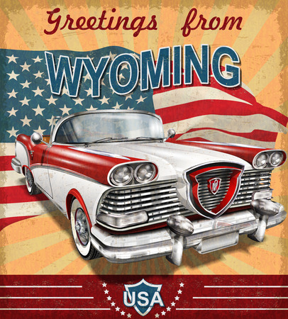 Vintage touristic greeting card with retro car.Wyomingのイラスト素材