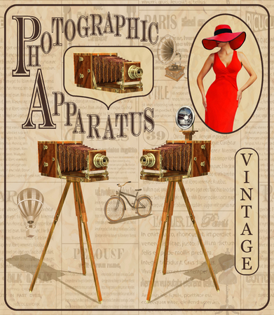 Vintage poster with vintage camera and pretty women on torn newspaper background.のイラスト素材