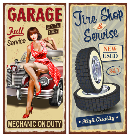 Set of vintage car  metal signs,Garage, Tire Service retro posters.のイラスト素材