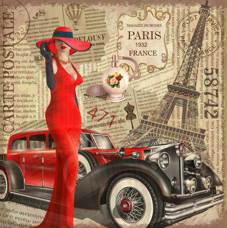 Vintage poster Paris torn newspaper background.のイラスト素材