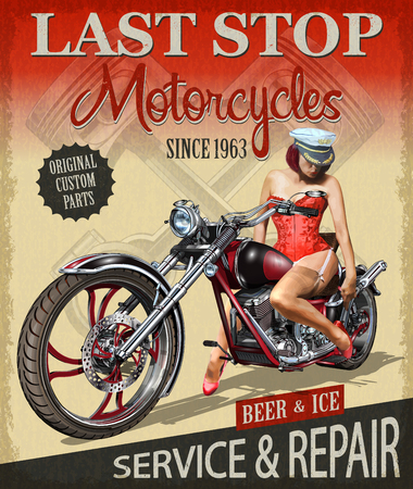 Vintage motorcycle poster with a lady riding on it.のイラスト素材