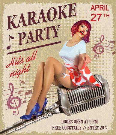 Karaoke vintage poster with sexy pin-up girl.のイラスト素材